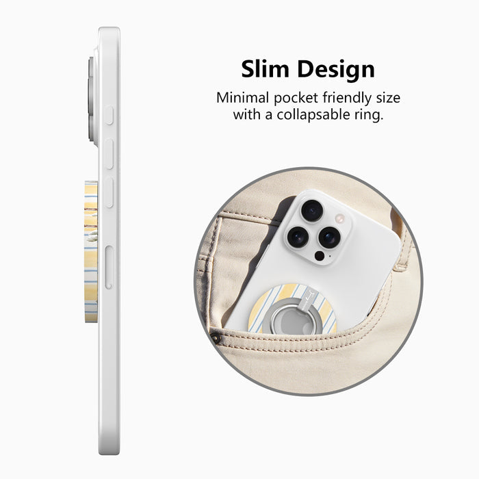 Palm Shore Club MagSafe phone grip ring with yellow blue and white watercolor stripes compatible with iPhone and Samsung