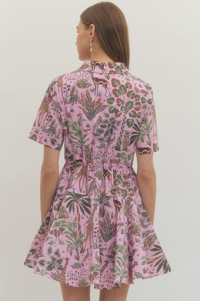 Pink Animal Print Drawstring Mini Dress