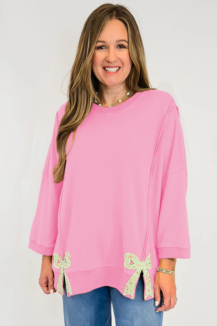 Pink Floral Bow Patched Exposed Seam Patchwork Slit Baggy Sweatshirt 🇺🇸