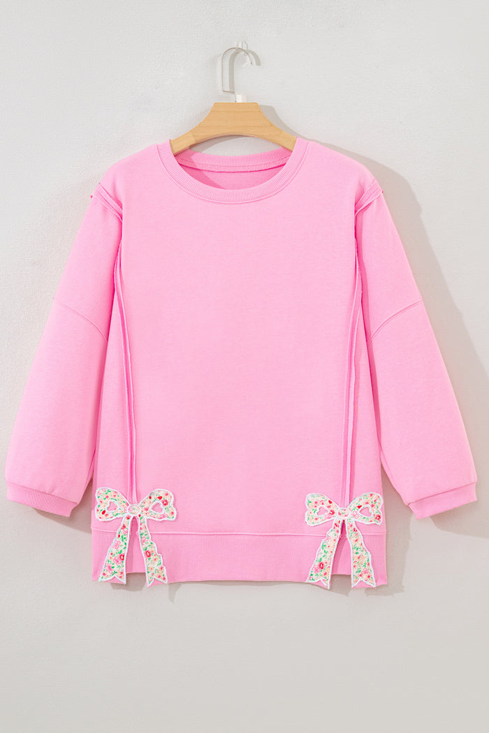 Pink Floral Bow Patched Exposed Seam Patchwork Slit Baggy Sweatshirt 🇺🇸