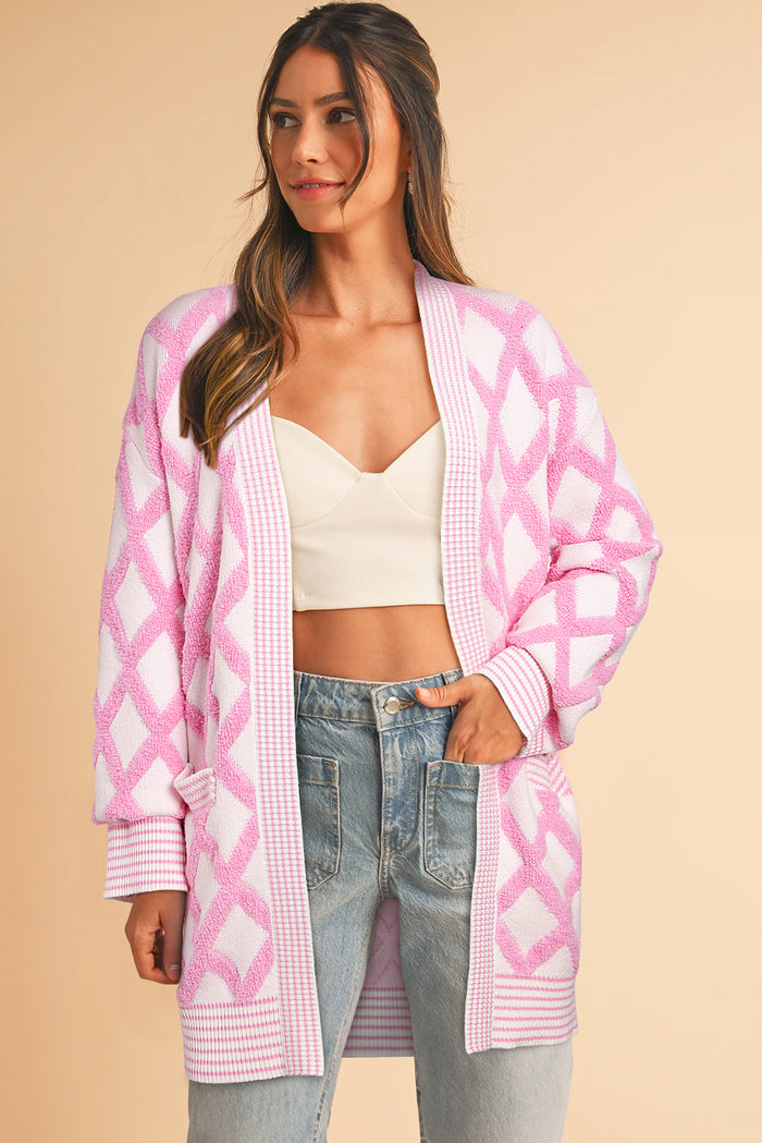 Pink Rhombus Pattern Knit Open Front Pocketed Cardigans 🇺🇲