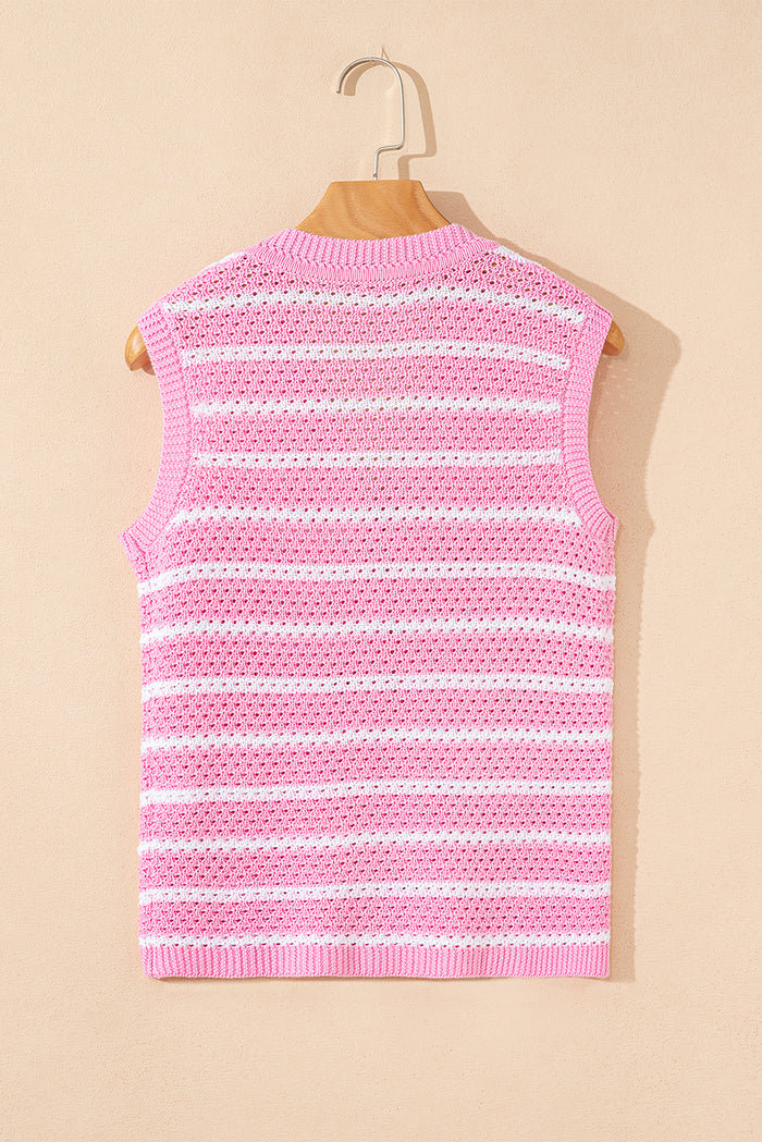 Pink Stripe V Neck Gold Buttons Elegant Sweater Vest 🇺🇸