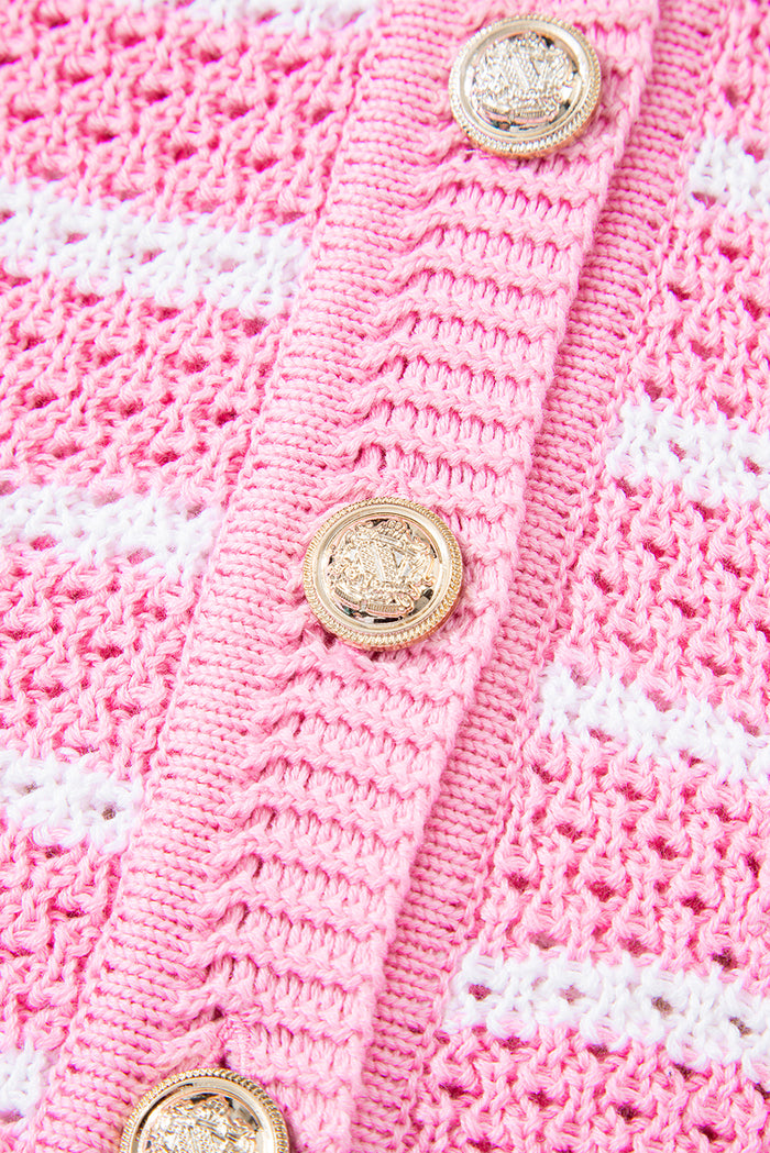 Pink Stripe V Neck Gold Buttons Elegant Sweater Vest 🇺🇸