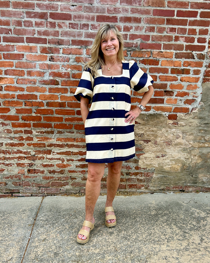 Puffed Sleeve Wide Stripe Dress in Pink & Orange and Navy & Cream