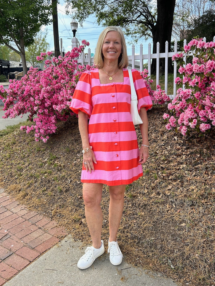 Puffed Sleeve Wide Stripe Dress in Pink & Orange and Navy & Cream