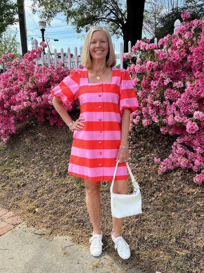 Puffed Sleeve Wide Stripe Dress in Pink & Orange and Navy & Cream