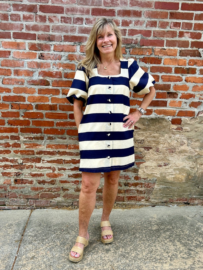 Puffed Sleeve Wide Stripe Dress in Pink & Orange and Navy & Cream