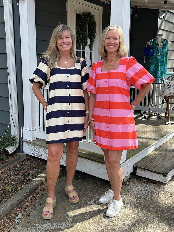 Puffed Sleeve Wide Stripe Dress in Pink & Orange and Navy & Cream