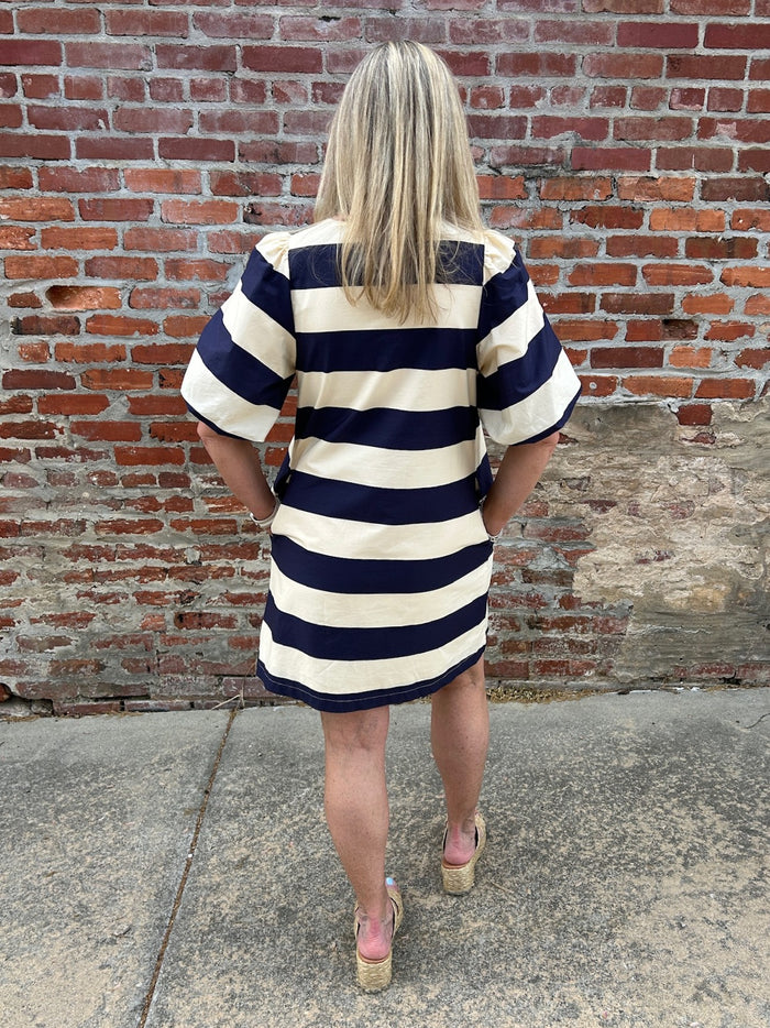 Puffed Sleeve Wide Stripe Dress in Pink & Orange and Navy & Cream