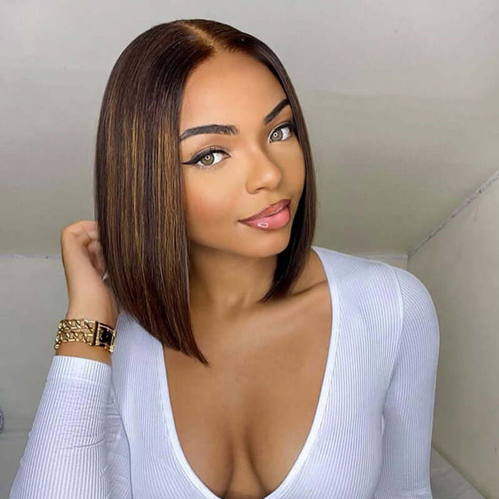 chic straight bob wigs with glueless 5x5 lace and brown highlights