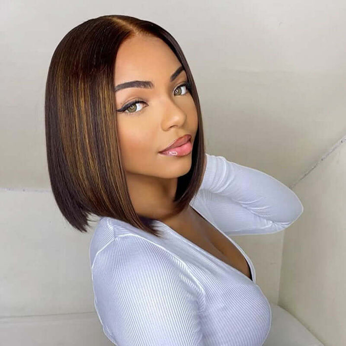 modern and smooth brown highlights bob wig for a sleek look