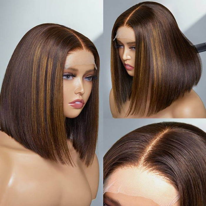 luxurious glueless short bob wig with brown highlights and pre-cut lace