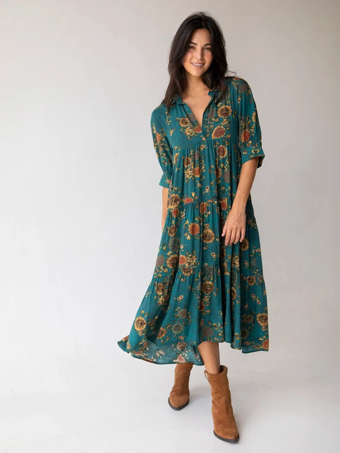 Rebecca Midi Dress - Teal Orange Clusters-view 1