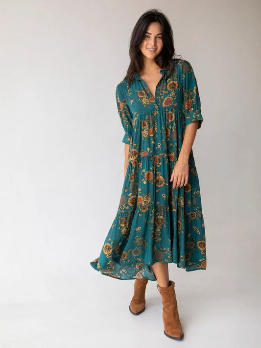 Rebecca Midi Dress - Teal Orange Clusters-view 1