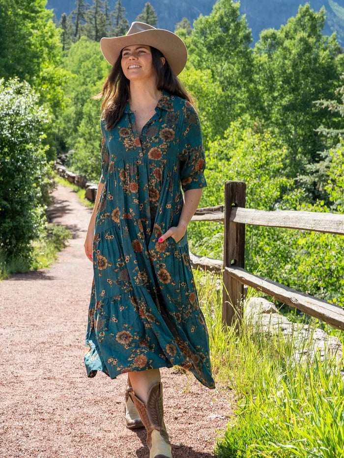 Rebecca Midi Dress - Teal Orange Clusters-view 4
