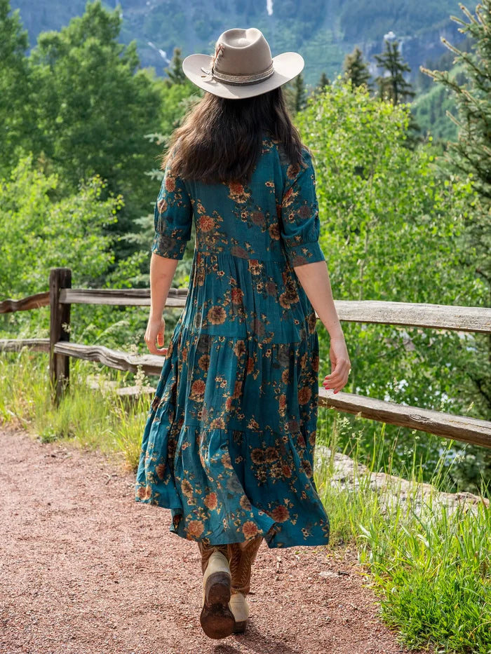 Rebecca Midi Dress - Teal Orange Clusters-view 5