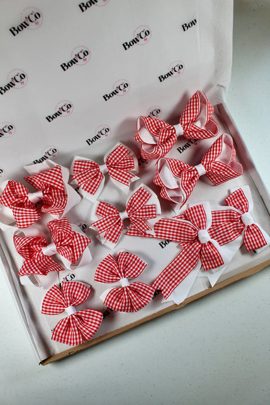 Red Gingham School Bow Bundle - Clip - M/L - 10 Bows