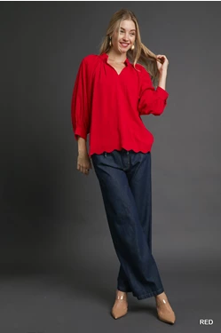 Red Linen  Blend Scallop Hem Blouse