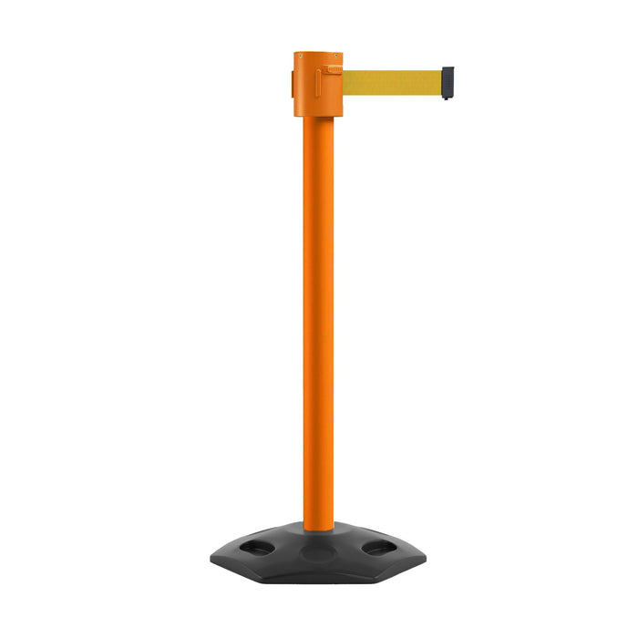 Retractable Belt Barrier Stanchion, Rubber Base, Orange Post, 35 ft Belt - Montour Line MSR760 - Crowd Control Warehouse