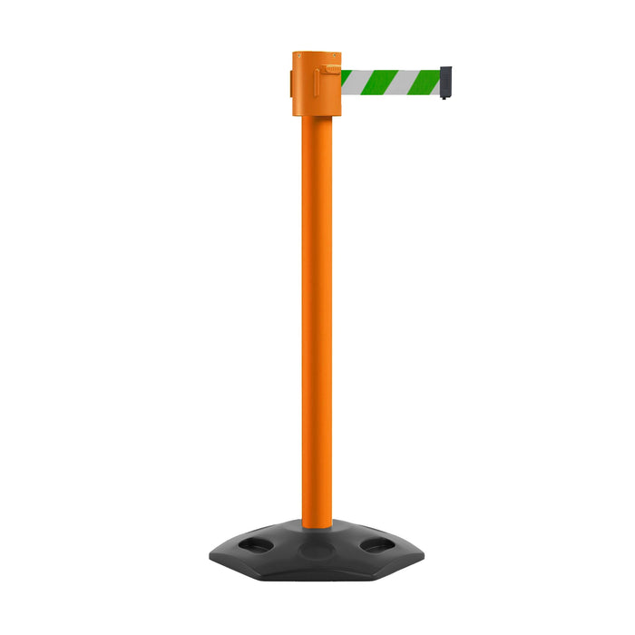 Retractable Belt Barrier Stanchion, Rubber Base, Orange Post, 35 ft Belt - Montour Line MSR760 - Crowd Control Warehouse