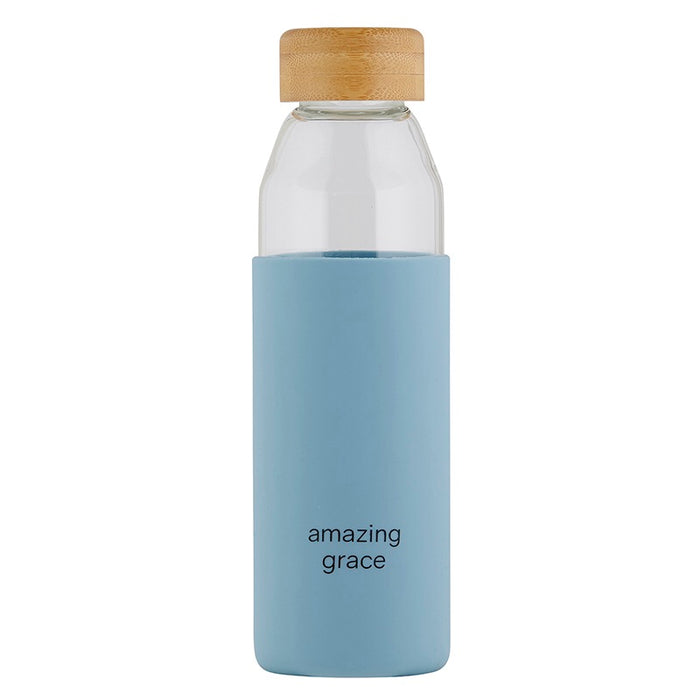 Glass water bottle with light blue silicone koozie that reads Amazing Grace