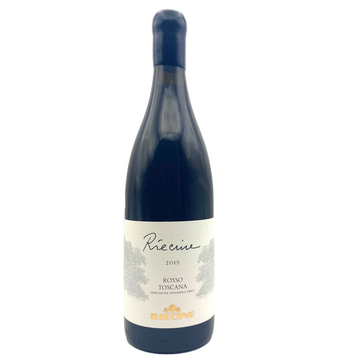 Dark wine bottle with Riecine 2015 Rosso Toscana label