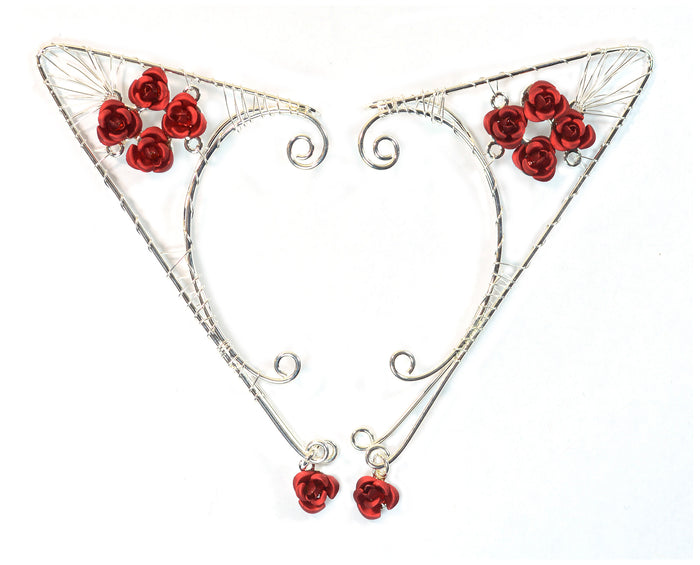silver elf ear cuff with red roses non piercing fantasy ear wrap jewelry front view