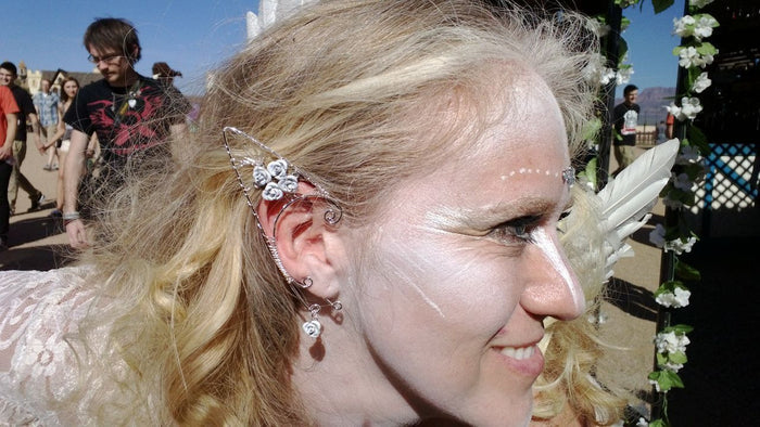 Model wearing Rose Garden Elf Ear Cuffs - Silver Lightweight Fantasy Jewelry