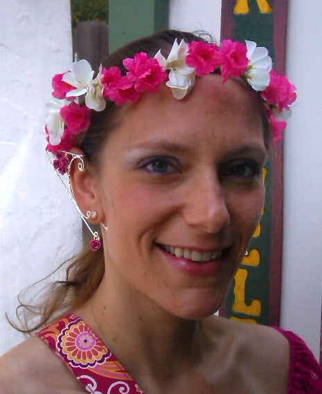 Model wearing Rose Garden Elf Ear Cuffs - Silver Lightweight Fantasy Jewelry