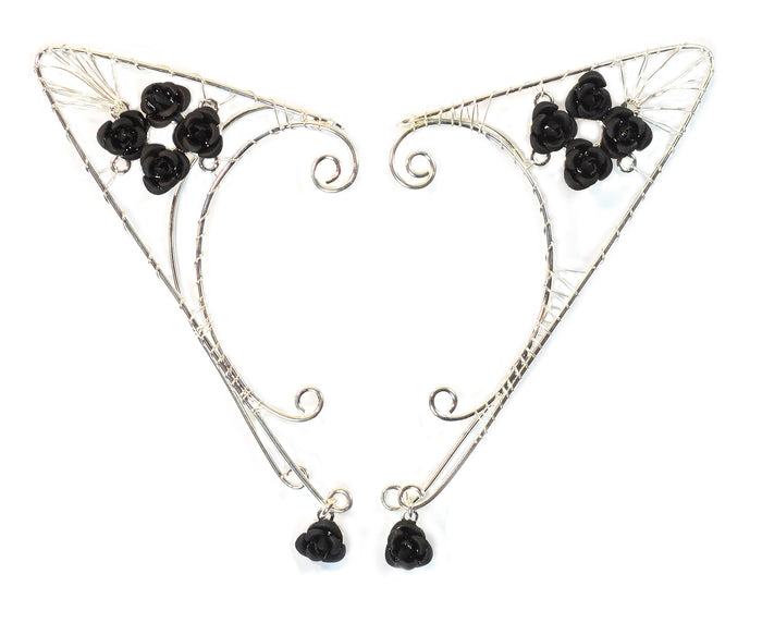 Rose Garden Elf Ear Cuffs - Silver Lightweight Fantasy Jewelry front view