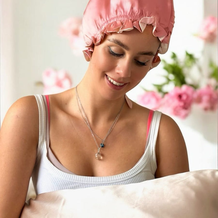 Rose Gold/Beige Pure Silk Bonnet: Adjustable, Reversible & Double Lined
