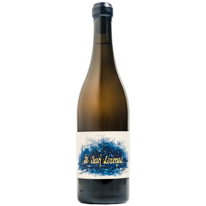 White wine bottle with dark glass and blue splatter label