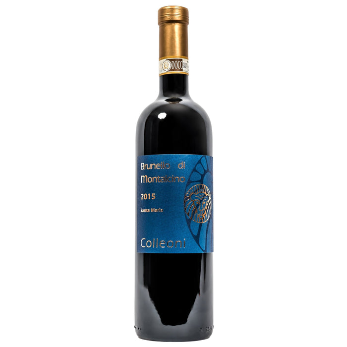 Brunello di Montalcino wine bottle with dark label and gold foil neck