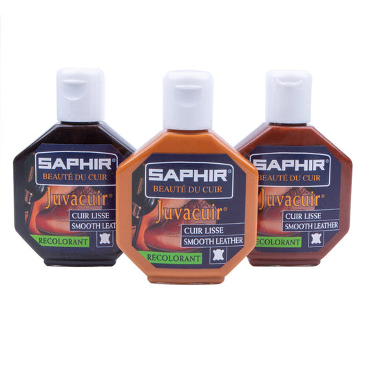 Three bottles of KirbyAllison.com's Saphir Juvacuir Recoloring Cream for Leather Goods on a white background.