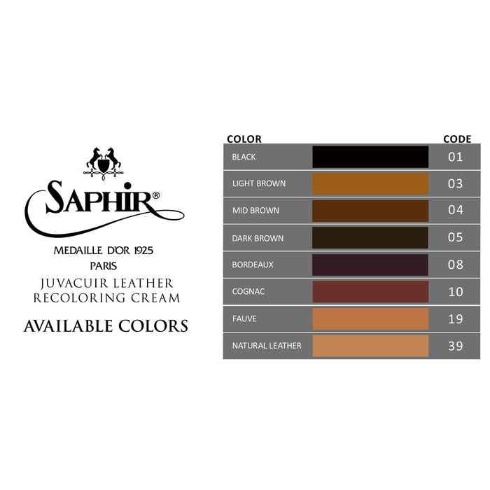 KirbyAllison.com Saphir Juvacuir Recoloring Cream for Leather Goods color chart for smooth leather.