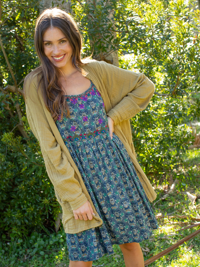 Embroidered Sara Dress|Dark Teal Medallion-view 2