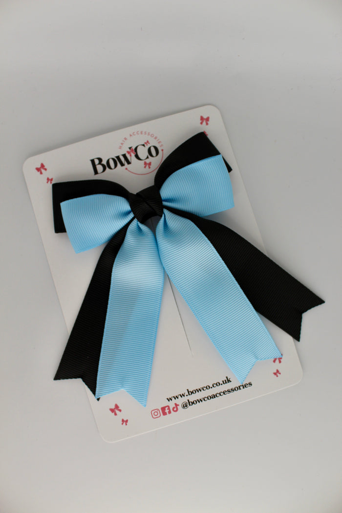 School Black and Blue Topaz Double Ribbon Tail Bow – Clip