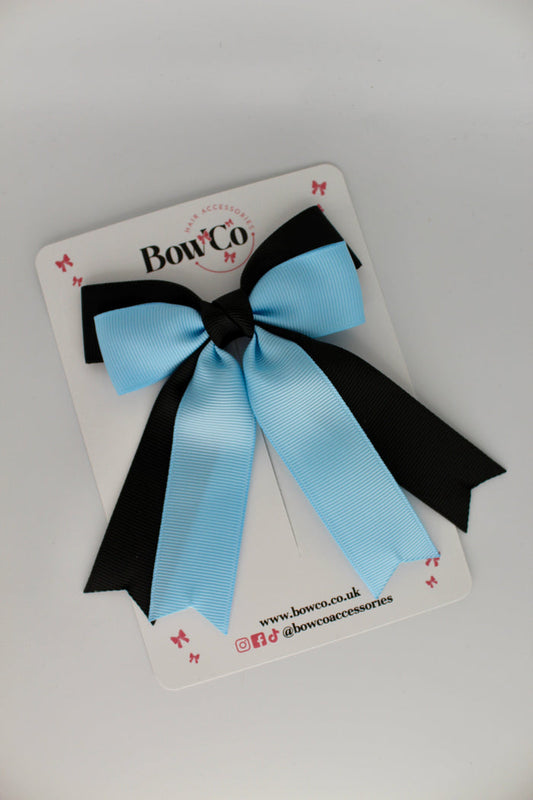 School Black and Blue Topaz Double Ribbon Tail Bow – Clip