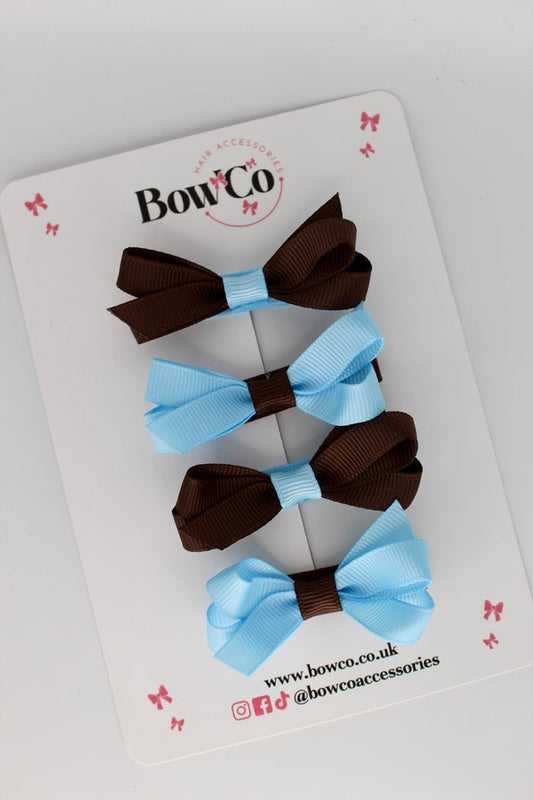 School Blue Topaz and Brown Ballerina Bows - Set of 4 - Clip