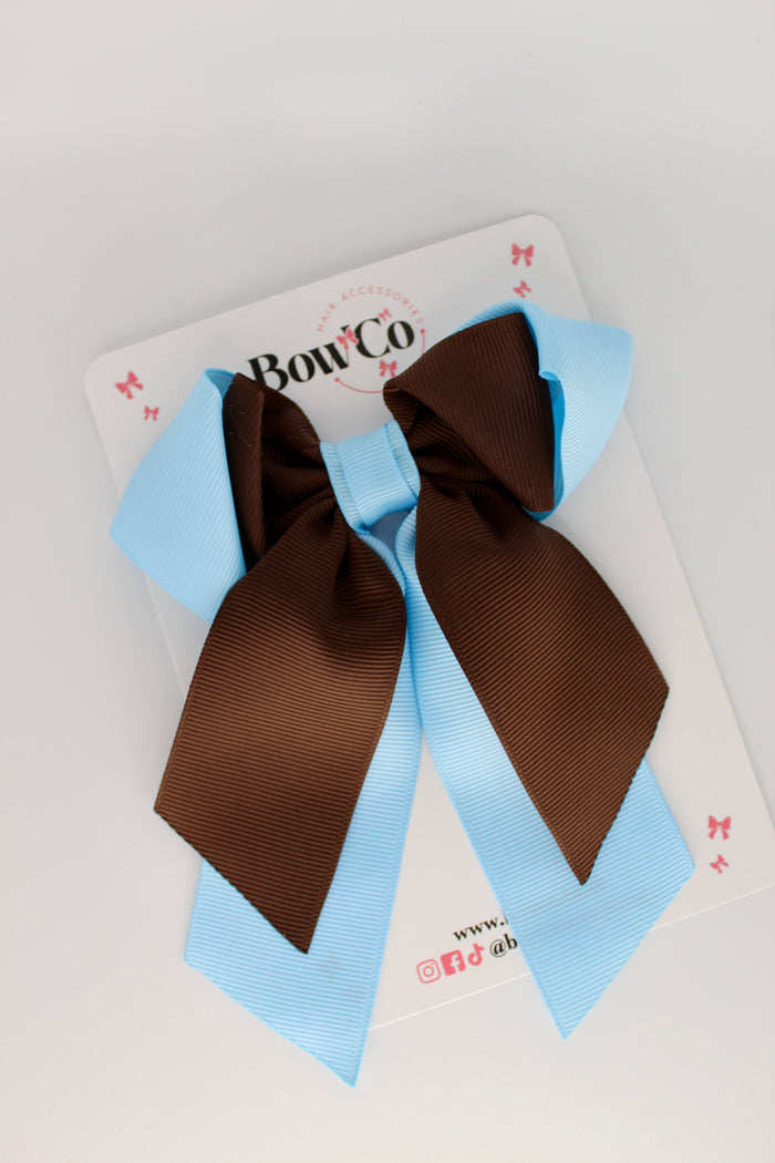School Bow - Blue Topaz and Brown - Loop Tail Hair Bow - Clip