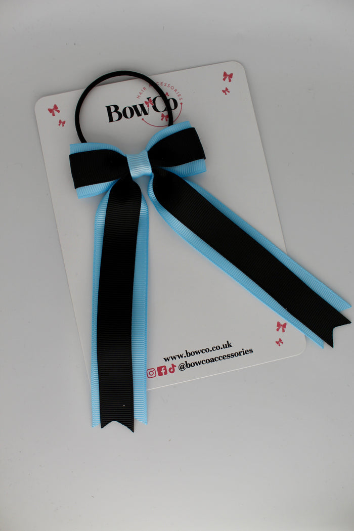 School Bow Black and Blue Topaz - Tuxedo Tails Bow - Elastic
