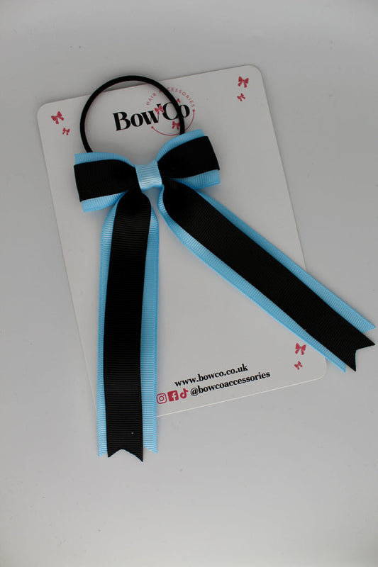 School Bow Black and Blue Topaz - Tuxedo Tails Bow - Elastic