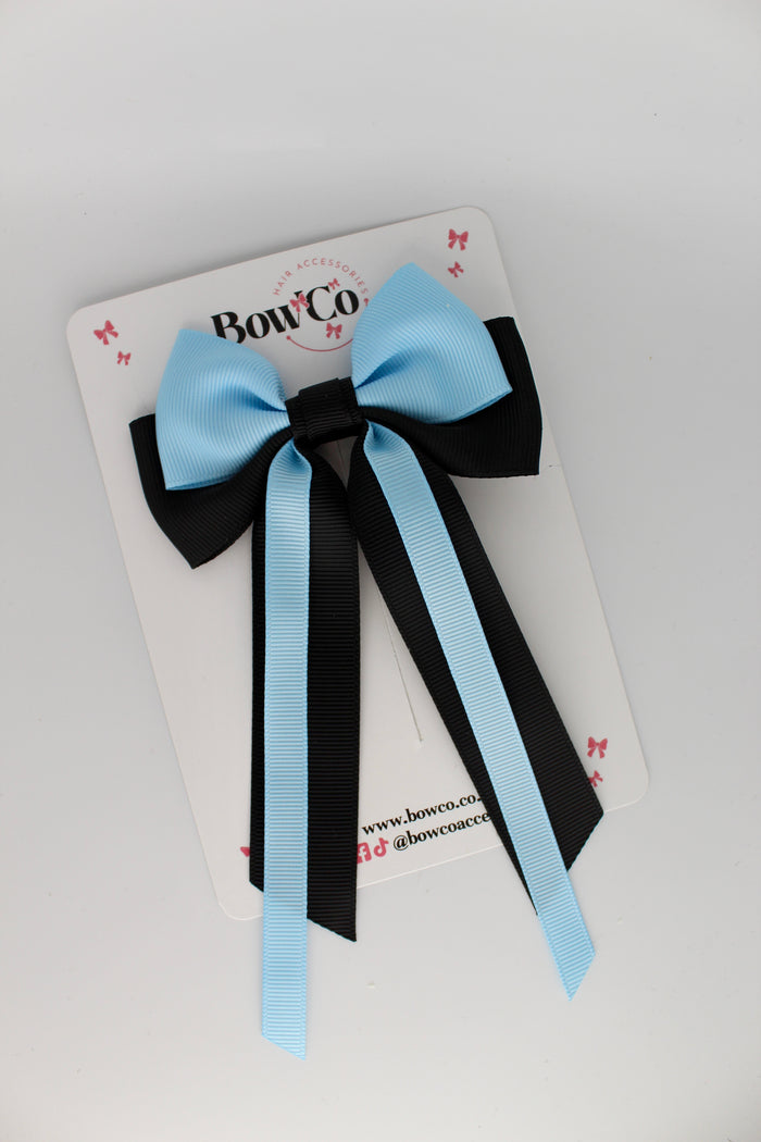 School Bow Black and Blue Topaz Streamer Tail Bow - Clip