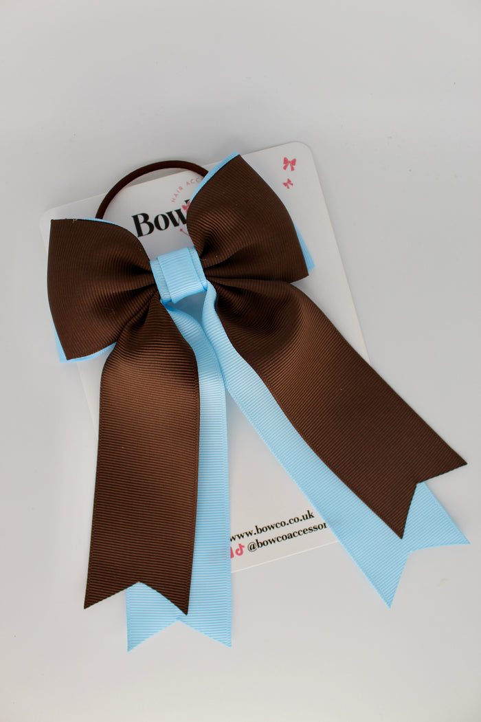 School Bow Blue Topaz and Brown - Classic Tail Bow - Elastic