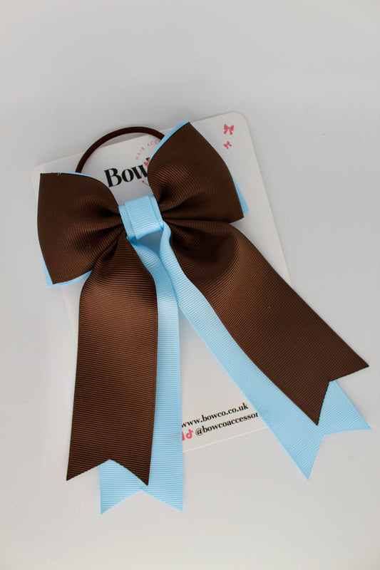 School Bow Blue Topaz and Brown - Classic Tail Bow - Elastic
