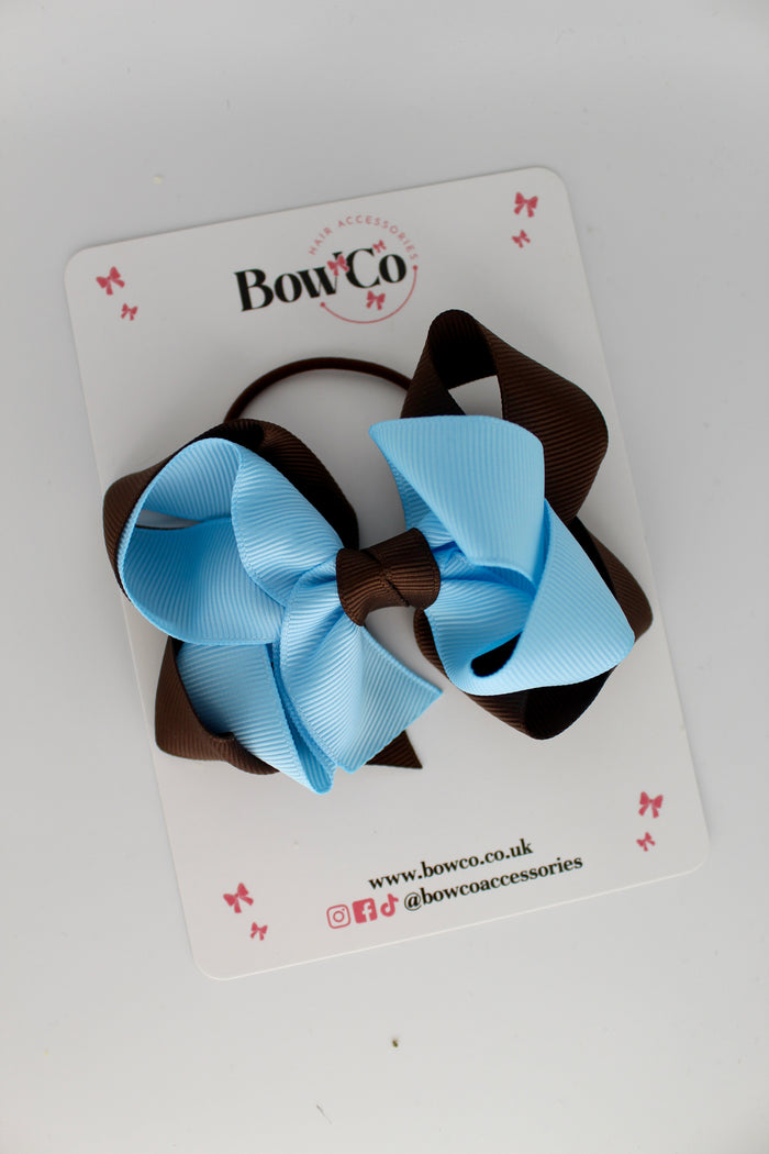 School Bow Blue Topaz and Brown - Double Loop Bow - Elastic