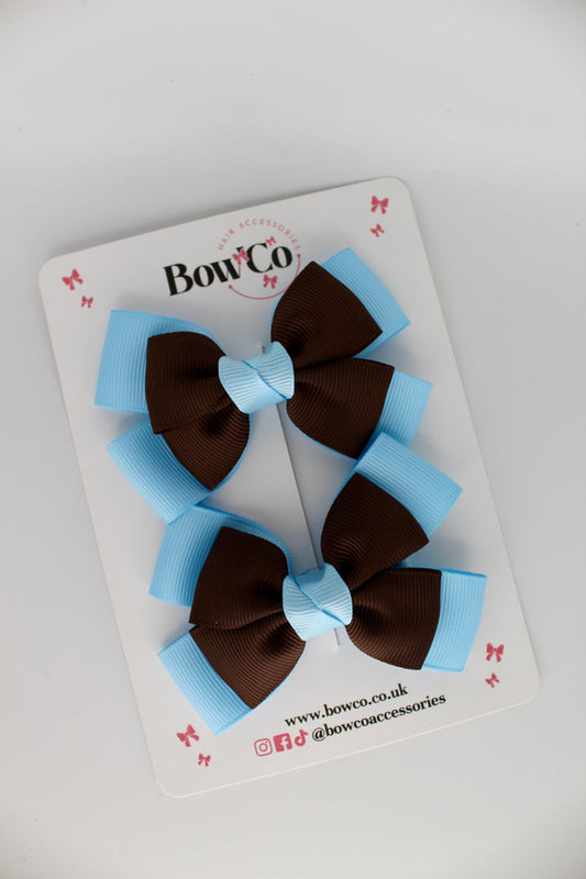School Bow Blue Topaz and Brown - Layer Bow Set - Clip