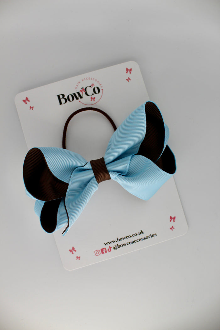 School Bow Blue Topaz and Brown - Loop Bow - Elastic