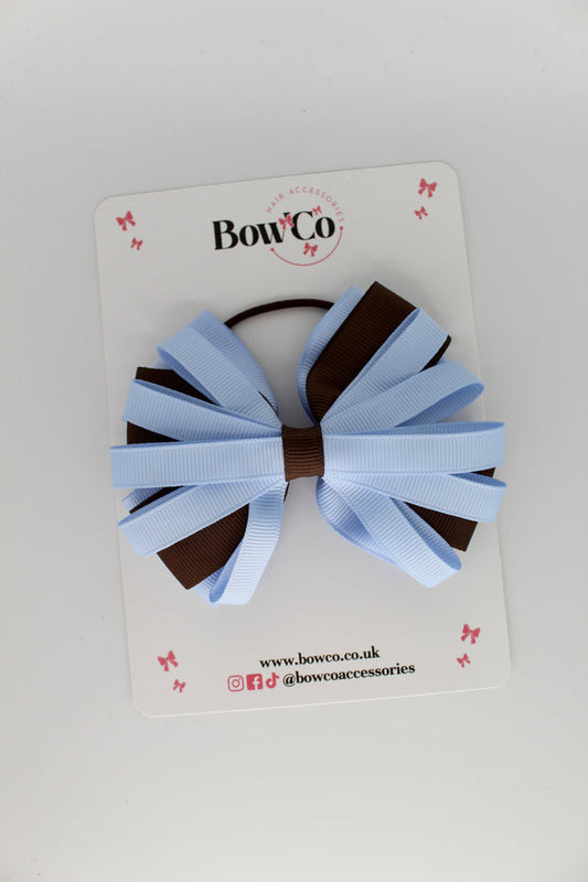 School Bow Bluebell and Brown - Spiral Bow - Elastic