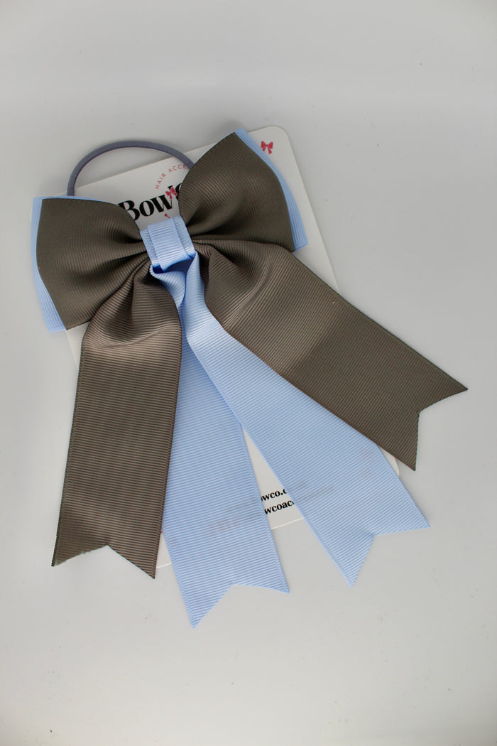 School Bow Bluebell and Metal Grey - Classic Tail Bow - Elastic